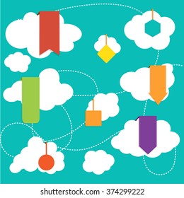 funny cartoon label attached to the cloud on the sky background.