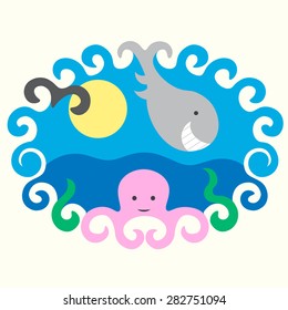 Funny cartoon label on sea theme