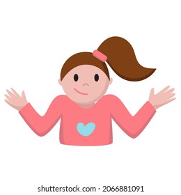 Funny Cartoon Lady With Ponytail Shows I Dont Know Emoji. Girl With Raising Shoulders And Hands. Print For Stickers, Emojis, Emoticon, Web Illustration. 