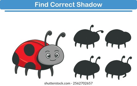 Funny cartoon ladybird. find the correct shadow. Kids Education games. Cartoon vector illustration