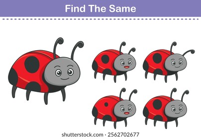 Funny cartoon ladybird. Find same pictures. Educational game for children. Cartoon vector illustration