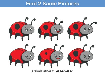 Funny cartoon ladybird. Find two same pictures. Educational game for children. Cartoon vector illustration