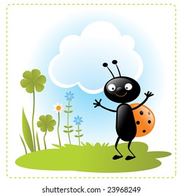 funny cartoon ladybug, spring season garden vector illustration