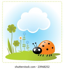 funny cartoon ladybug, spring season garden vector illustration