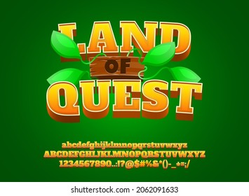 funny cartoon land of quest logo with branch leaves for game logo title text effect