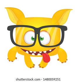 Funny cartoon laughing monster wearing eyeglasses. Vector Halloween illustration