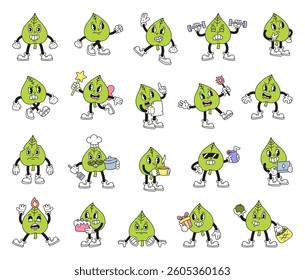 Funny cartoon leaf character set with charming emotions and cute actions like drinking juice, lifting dumbbells, reading letters, holding gifts, and celebrating with cake
