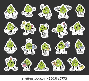 Funny cartoon leaf character set with charming emotions and cute actions like drinking juice, lifting dumbbells, reading letters, holding gifts, and celebrating with cake