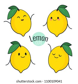Funny cartoon lemon character with different emotions on the face. Comic emoticon stickers set. Vector icons, isolated on white. Health concept