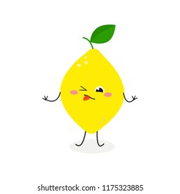 Funny cartoon lemon making a sour facial expression. Vector flat illustration isolated on white background 
