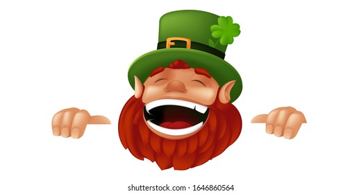 Funny cartoon Leprechaun character laughing and holding sign to Happy Saint Patrick's Day celebration. Vector illustration with hiding and peeking Irish dwarf mascot isolated on white background