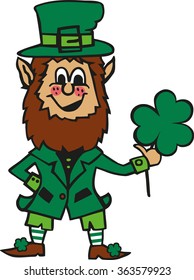 Funny cartoon leprechaun with clover in his hand