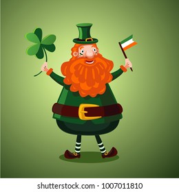 Funny cartoon leprechaun with clover and Irish flag. Illustration for Saint Patrick day.