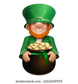 Funny cartoon leprechaun, a gnome in a green velvet hat top hat, holds a magic cauldron with gold coins in his hands, a symbol of the cheerful Irish holiday of St. Patrick's Day