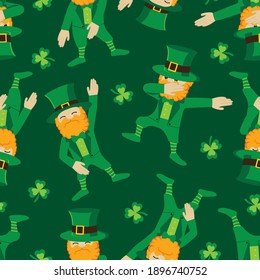 Funny cartoon Leprechaun Gnome make DAB move, dancing hip hop style seamless pattern. St Patrick's Day vector illustration.