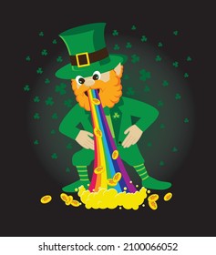 Funny cartoon Leprechaun Gnome pukes rainbow with coins. St Patrick's Day vector illustration.