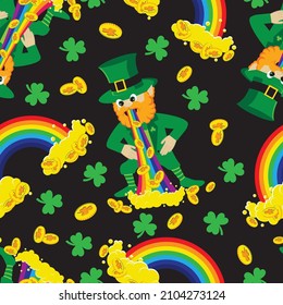 Funny cartoon Leprechaun Gnome pukes rainbow with coins seamless pattern. St Patrick's day vector illustration.