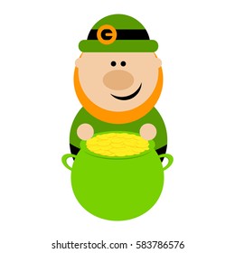 Funny cartoon leprechaun sitting near a pot of gold