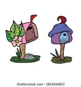 Funny cartoon letter boxes for dwarf .Vector illustration on a white isolated background.Botanical design for postcards and banners.