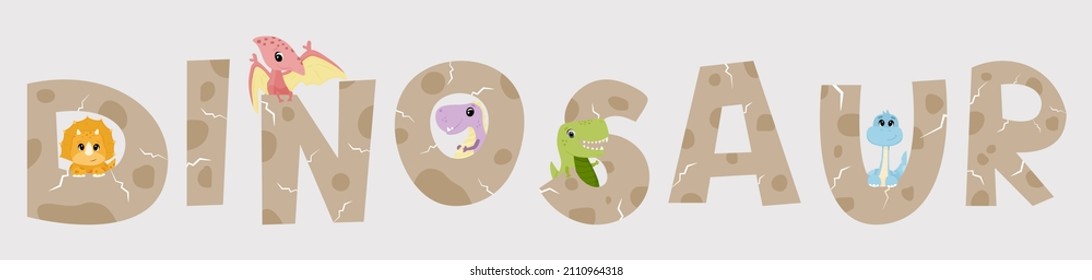Funny cartoon lettering with dinosaur. Dinosaur baby in the shell with hand lettering printable