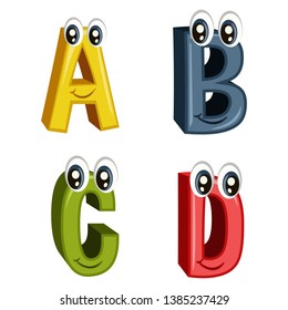 Funny Cartoon Letters from A to D Isolated on White Background, Colorful Alphabet Vector Illustration with Cute Faces