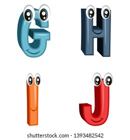 Funny Cartoon Letters from G to J Isolated on White Background, Colorful Alphabet Vector Illustration with Cute Faces
