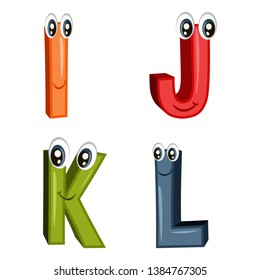 Funny Cartoon Letters from I to L Isolated on White Background, Colorful Alphabet Vector Illustration with Cute Faces
