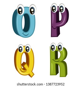 Funny Cartoon Letters from O to R Isolated on White Background, Colorful Alphabet Vector Illustration with Cute Faces