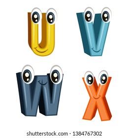 Funny Cartoon Letters from U to X Isolated on White Background, Colorful Alphabet Vector Illustration with Cute Faces