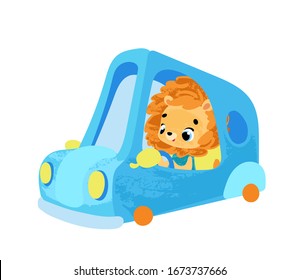 Funny cartoon lion in car. Vector illustration for t-shirt prints, children books, greeting cards, posters, stickers or decor