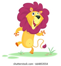 Funny cartoon lion dancing. Vector image isolated on simple Savannah background. Design element for emblem, print, logo or book illustration