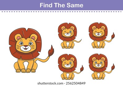 Funny cartoon lion. Find same pictures. Educational game for children. Cartoon vector illustration