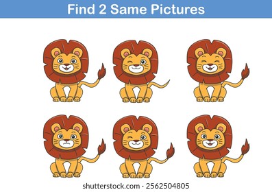 Funny cartoon lion. Find two same pictures. Educational game for children. Cartoon vector illustration