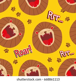 Funny cartoon lion pattern on yellow background. Children seamless pattern