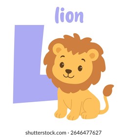 Funny cartoon lion sitting near big letter L for kids alphabet learning