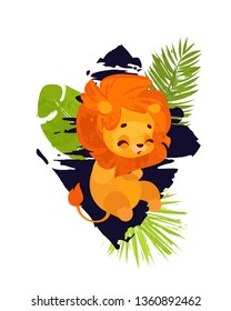 Funny Cartoon lion. Vector illustration, poster, card, print
