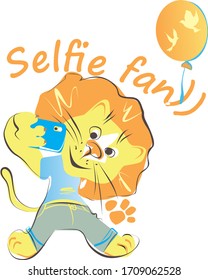 Funny cartoon lion vector illustration. Selfie fan collection