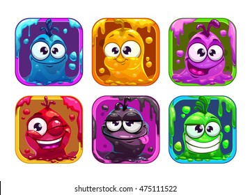 Funny cartoon liquid characters in the frame, vector square colorful app icons set for game logo design