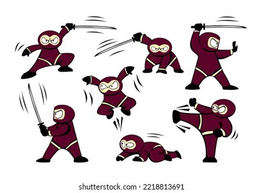 Funny Cartoon Litle Ninja Set mit Katana Schwert, verschiedene Kämpfe Posen. Vektorgrafik auf transparentem Hintergrund