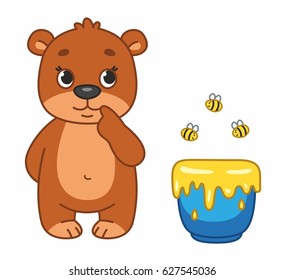 Funny cartoon little bear with honey pot. Vector illustration. 