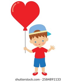 Funny cartoon little boy with heart shaped balloon vector  illustration
