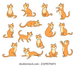 Funny cartoon little cat in various poses vector illustration. Orange smiling kitten sitting, playing, begging, standing and laying vector drawing set