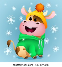 Funny cartoon little cow in winter hat on blue background with snowflakes. Vector illustration.