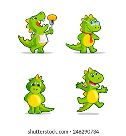 Funny cartoon little dinosaur or dragon. Vector illustrations set.