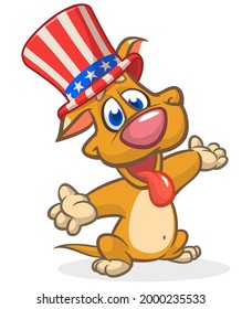 Funny cartoon little dog wearing uncle Sam hat with stars and stripes and presenting. American Independence holiday illustration. Vector isolated