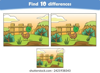 Funny cartoon little duck. Find 10 differences. Kids Education games. Cartoon vector illustration