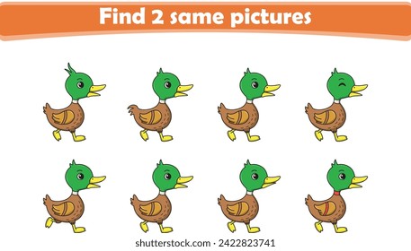 Funny cartoon little duck. Find two same pictures. Educational game for children. Cartoon vector illustration