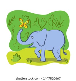 Funny cartoon little elephant walking through the jungle, brush drawings style 