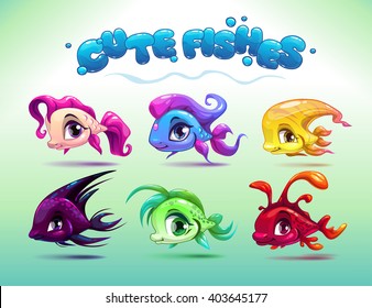 Funny cartoon little fishes set, vector aquarium animals