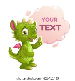 Funny cartoon little green dragon with speech cloud. Cute childish banner.